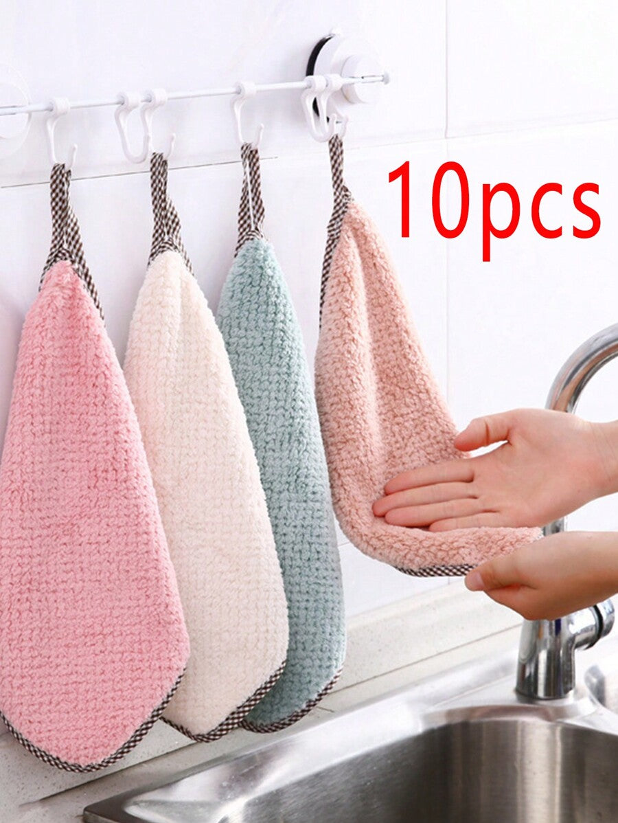 10pcs Coral Fleece Hanging Dish Cloth Set – Absorbent Kitchen Towels, Reusable Cleaning Rags for Home, Bathroom, Small Business Use