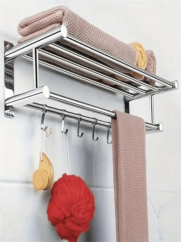 50cm Wall-Mounted 304 Stainless Steel Towel Rack – Thickened Bathroom Shelf, Drill-Free or Drill Installation Option