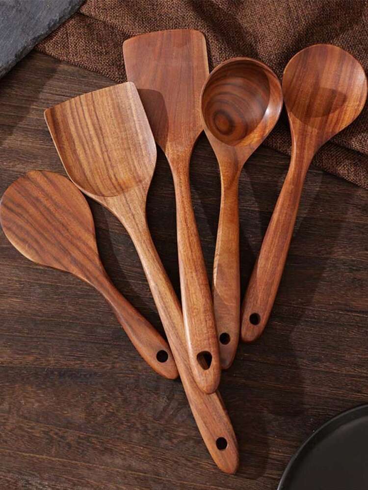 5pcs Wooden Kitchen Utensils Set – Natural Wood Cooking Spoon & Spatula Set, Heat-Resistant, No Odor, Non-Stick Friendly, Durable Tableware For Stirring, Serving, Frying, Baking, And More