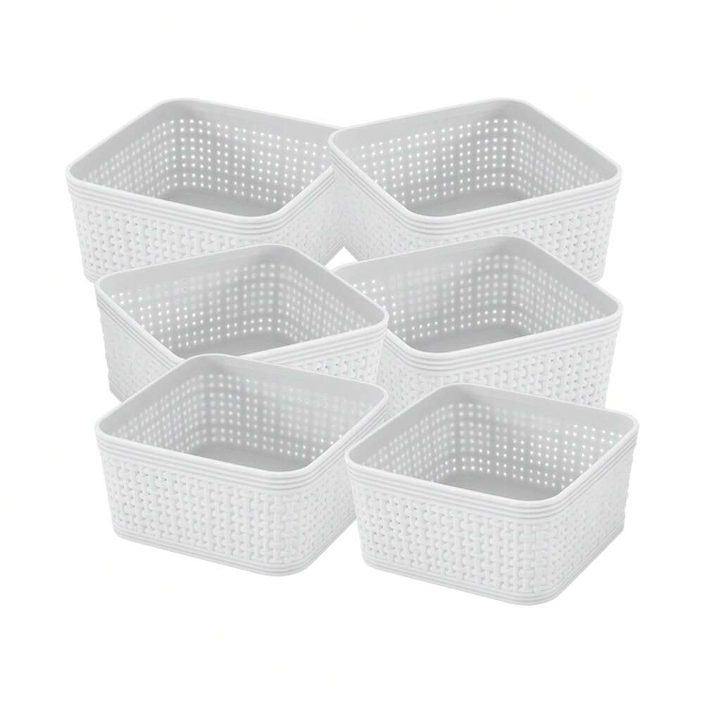 6-Pack Plastic Storage Basket Set – White Organizing Bins for Home, Office, Bathroom, or Kitchen