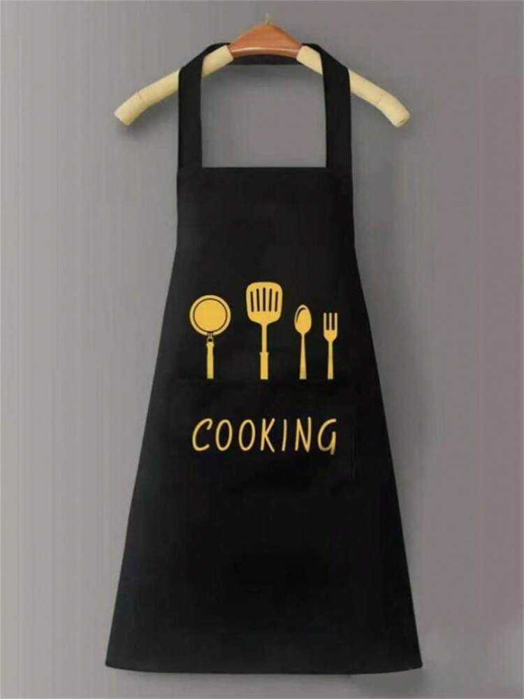 1pc Waterproof Oil-Proof PVC Apron with Fork & Spoon Pattern – Modern Kitchen, Cooking, Garden & Cleaning Apron