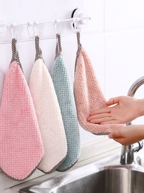 10pcs Coral Fleece Hanging Dish Cloth Set – Absorbent Kitchen Towels, Reusable Cleaning Rags for Home, Bathroom, Small Business Use