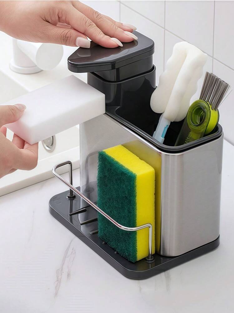 3-in-1 Stainless Steel Kitchen Sink Soap Dispenser with Sponge Holder & Utensil Drainer Tray – Countertop Organizer