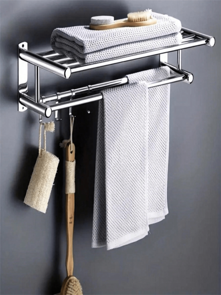 50cm Wall-Mounted 304 Stainless Steel Towel Rack – Thickened Bathroom Shelf, Drill-Free or Drill Installation Option