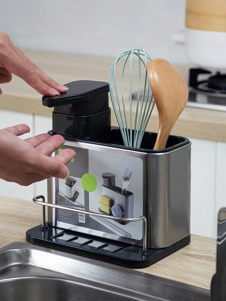 3-in-1 Stainless Steel Kitchen Sink Soap Dispenser with Sponge Holder & Utensil Drainer Tray – Countertop Organizer