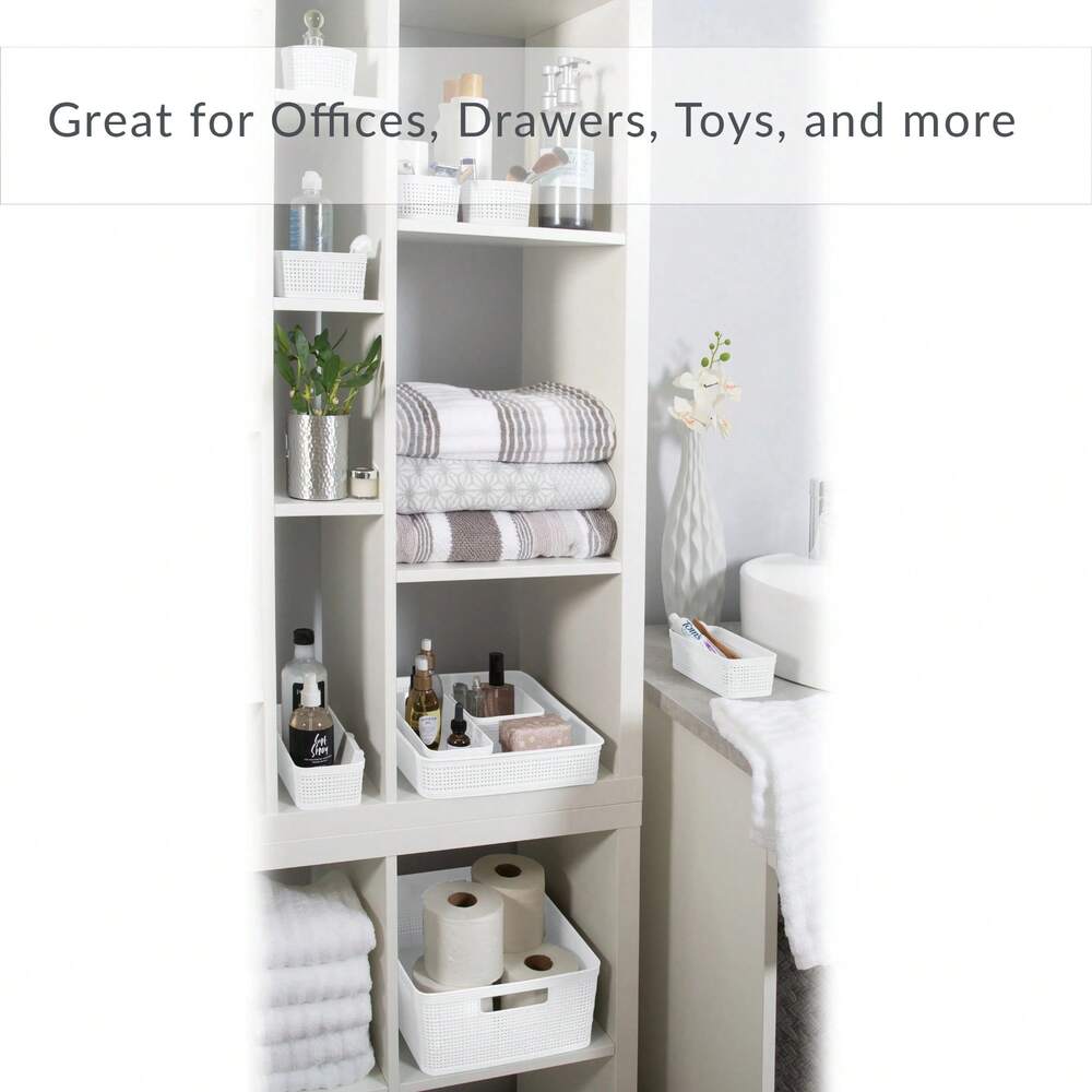 6-Pack Plastic Storage Basket Set – White Organizing Bins for Home, Office, Bathroom, or Kitchen
