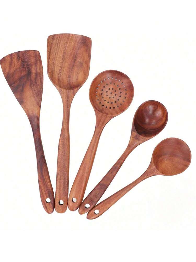 5pcs Wooden Kitchen Utensils Set – Natural Wood Cooking Spoon & Spatula Set, Heat-Resistant, No Odor, Non-Stick Friendly, Durable Tableware For Stirring, Serving, Frying, Baking, And More