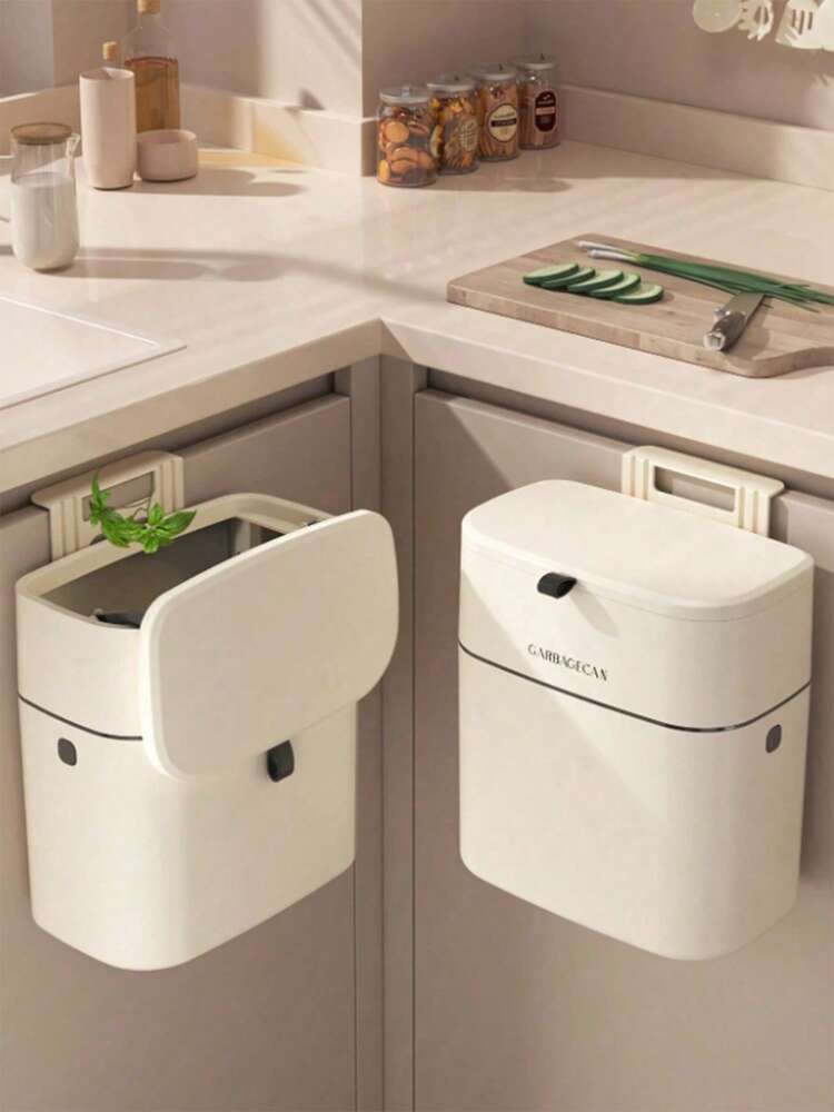 1pc Hanging Trash Bin With Lid, Compact Compost Bin For Kitchen Cabinet Or Bathroom, Space-Saving Design