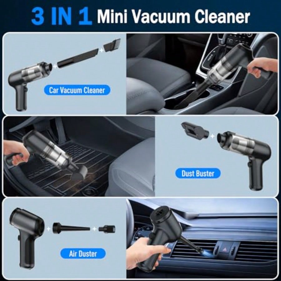 3-in-1 Cordless Handheld Vacuum Cleaner – 12000Pa High Power, Rechargeable Dust Buster with Air Duster & 2 Speeds