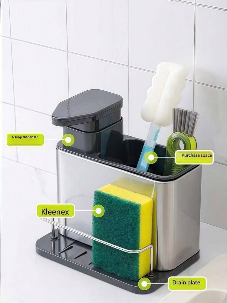3-in-1 Stainless Steel Kitchen Sink Soap Dispenser with Sponge Holder & Utensil Drainer Tray – Countertop Organizer