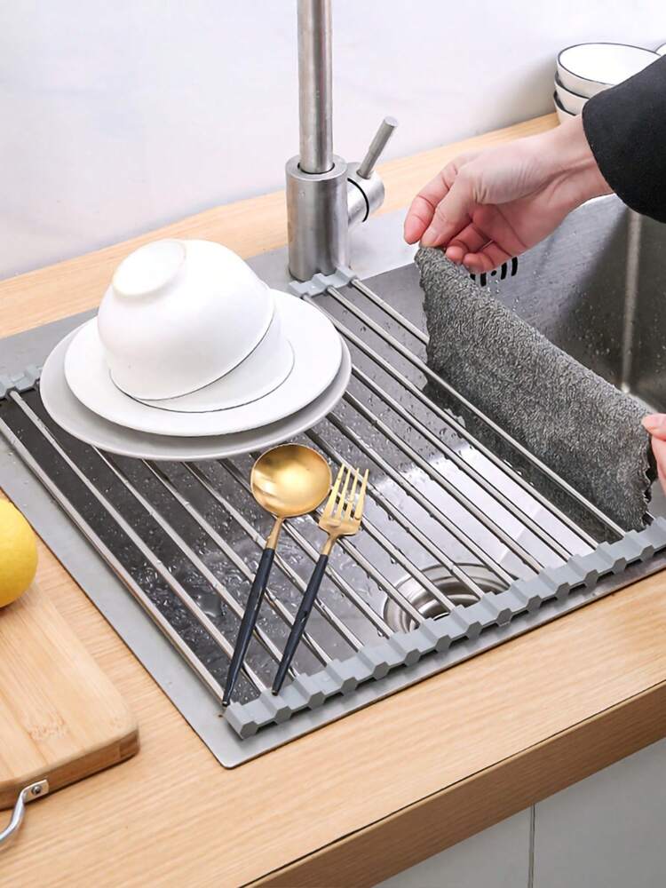 1PC Roll-Up Dish Drying Rack – Over-the-Sink Stainless Steel Dish Drainer Mat for Kitchen & Cooking