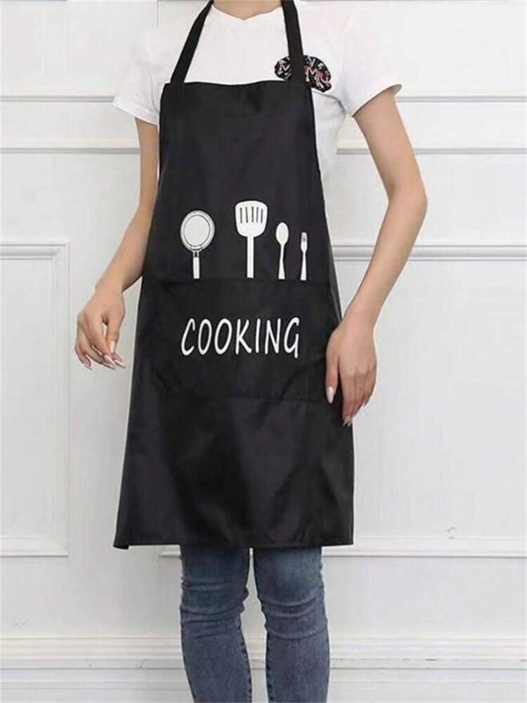 1pc Waterproof Oil-Proof PVC Apron with Fork & Spoon Pattern – Modern Kitchen, Cooking, Garden & Cleaning Apron