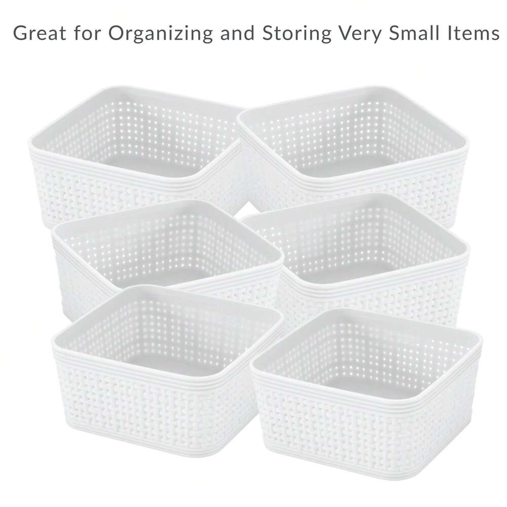 6-Pack Plastic Storage Basket Set – White Organizing Bins for Home, Office, Bathroom, or Kitchen
