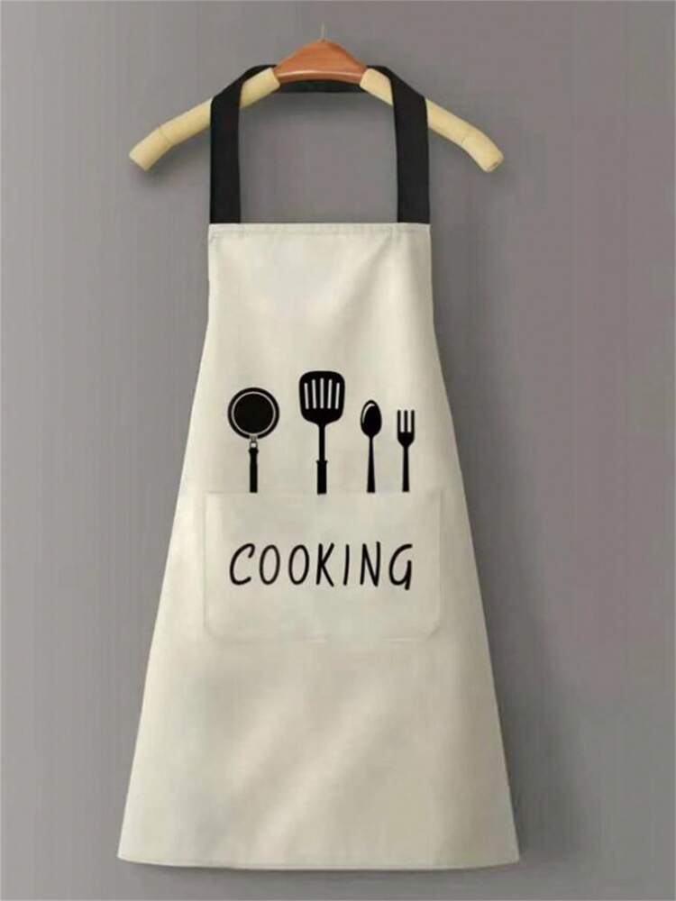 1pc Waterproof Oil-Proof PVC Apron with Fork & Spoon Pattern – Modern Kitchen, Cooking, Garden & Cleaning Apron