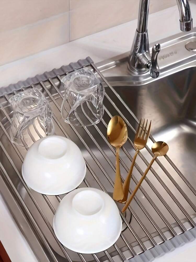 1PC Roll-Up Dish Drying Rack – Over-the-Sink Stainless Steel Dish Drainer Mat for Kitchen & Cooking