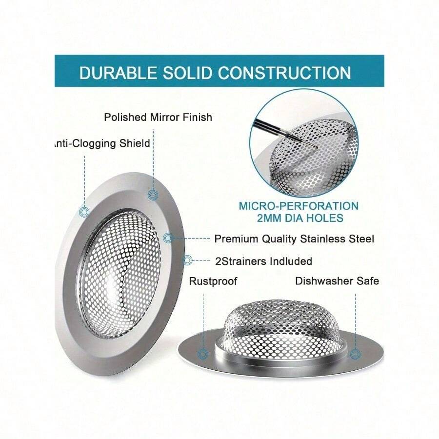 2pcs Stainless Steel Anti-Clog Sink Strainers – 4.5" Wide-Edge Microporous Filters for Kitchen Drain & Veggie Washing