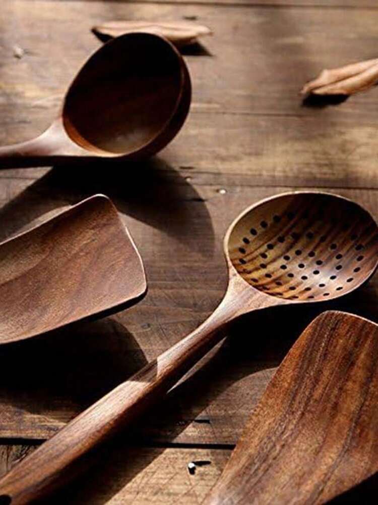 5pcs Wooden Kitchen Utensils Set – Natural Wood Cooking Spoon & Spatula Set, Heat-Resistant, No Odor, Non-Stick Friendly, Durable Tableware For Stirring, Serving, Frying, Baking, And More