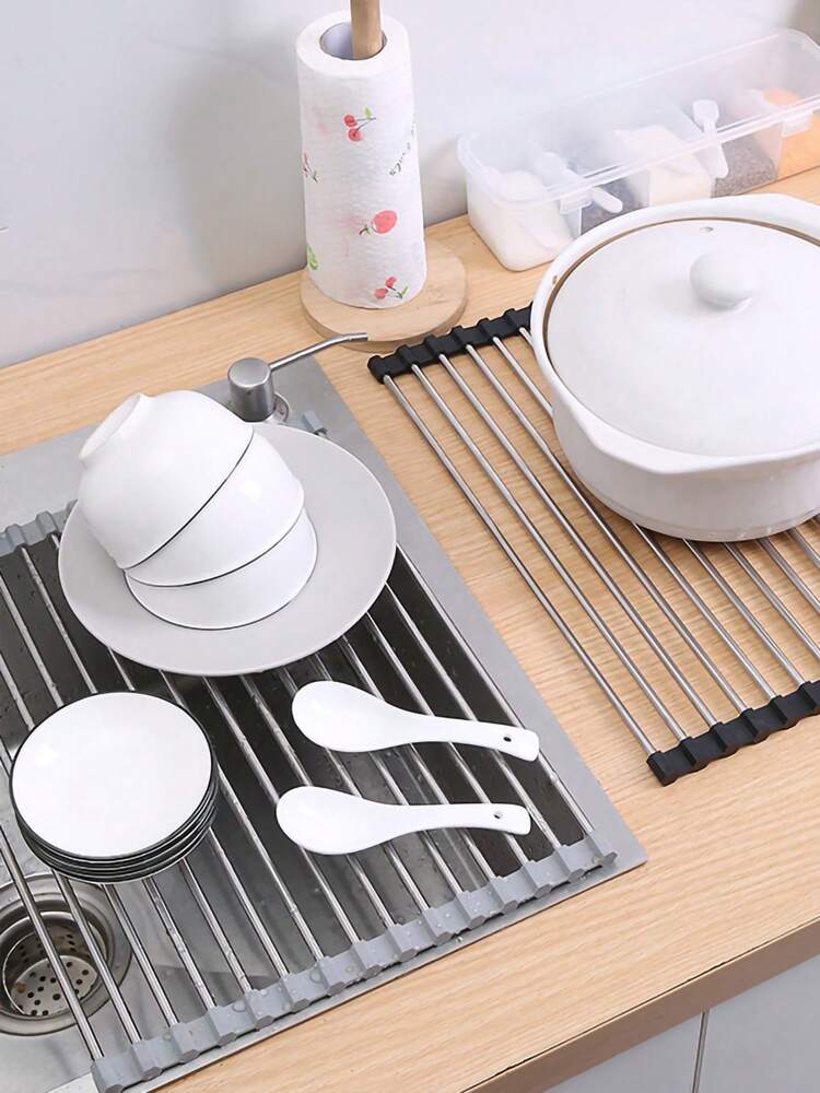 1PC Roll-Up Dish Drying Rack – Over-the-Sink Stainless Steel Dish Drainer Mat for Kitchen & Cooking