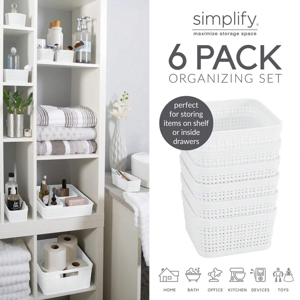 6-Pack Plastic Storage Basket Set – White Organizing Bins for Home, Office, Bathroom, or Kitchen