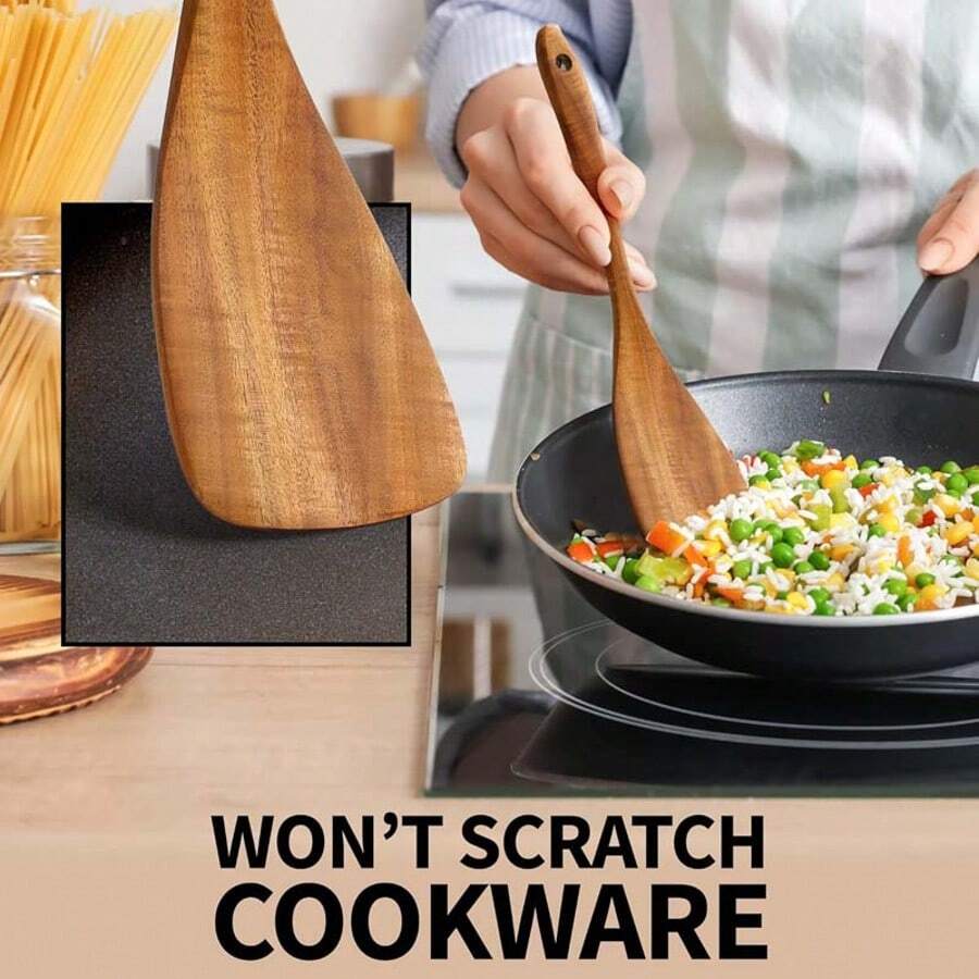5pcs Wooden Kitchen Utensils Set – Natural Wood Cooking Spoon & Spatula Set, Heat-Resistant, No Odor, Non-Stick Friendly, Durable Tableware For Stirring, Serving, Frying, Baking, And More