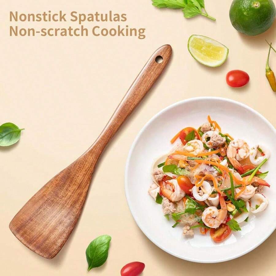 5pcs Wooden Kitchen Utensils Set – Natural Wood Cooking Spoon & Spatula Set, Heat-Resistant, No Odor, Non-Stick Friendly, Durable Tableware For Stirring, Serving, Frying, Baking, And More