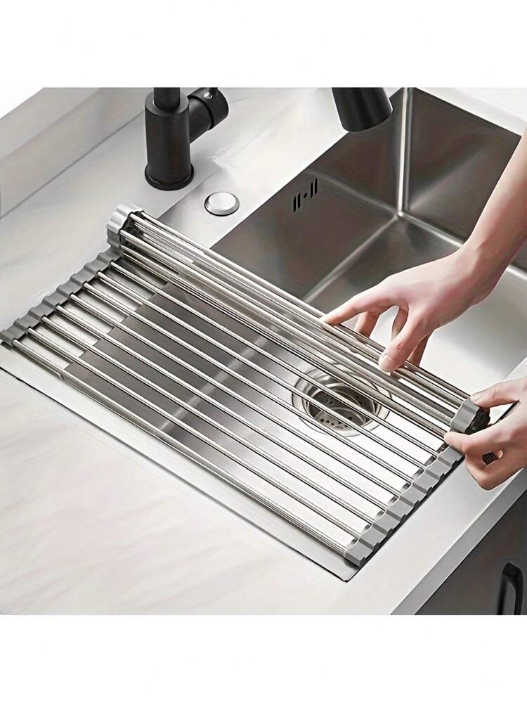 1PC Roll-Up Dish Drying Rack – Over-the-Sink Stainless Steel Dish Drainer Mat for Kitchen & Cooking